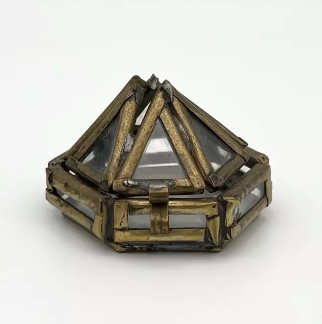 Vintage Pillendose Antik Schmuckbox Pyramide Messing Glas Schatulle RAR #1746 3
