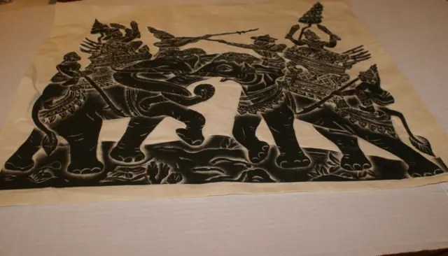 Vtg Stone Rubbing Thai Temple Art Rice Paper Charcoal Black Embossed Elephants
