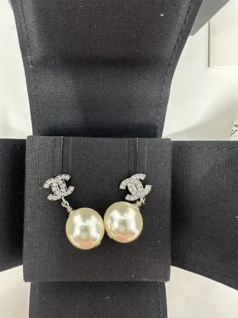 NWT 2023 A23 Chanel Strass CC Logo Gold Crystal Stud Pearl Drop Earrings  Large $1,299.00 - PicClick