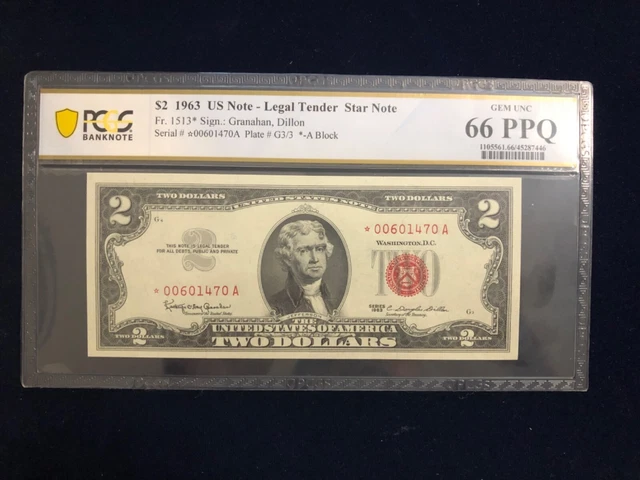 1963 2$ Two Dollar Red Seal STAR Note Rare PCGS Graded Gem UNC 66 PPQ
