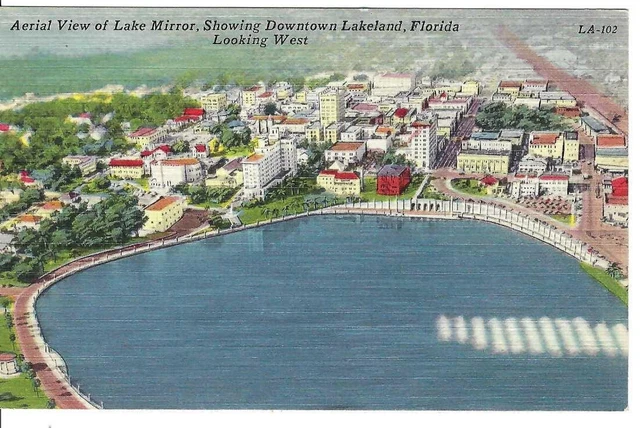 CN-346 FL Lakeland Aerial View Lake Mirror Downtown Linen Postcard Florida