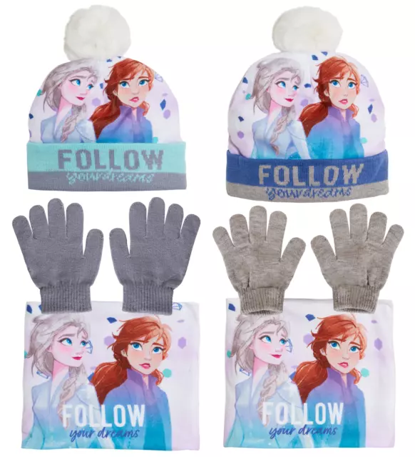 Disney Frozen 2 Bobble Hat  + Snood Scarf + Gloves Girls 3 Piece Winter Set