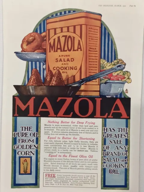 1920 MAZOLA Salad and Cooking Oil Food Kitchen Art Décor 1920's Print Ad COLOR