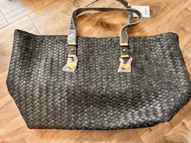 Deux Lux Vegan Leather Woven Very Dark Gray Large Tote Bag NEW