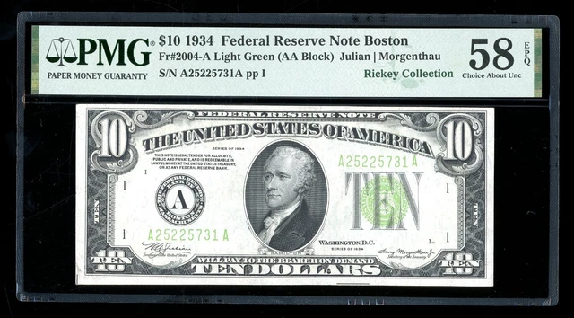 DBR 1934 $10 LGS FRN Boston Fr. 2004-A PMG 58 EPQ Serial A25225731A