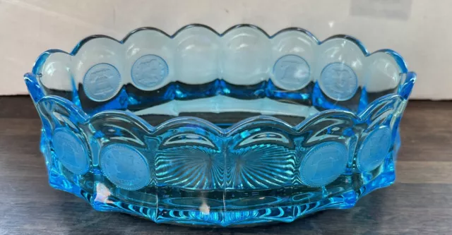 Blue Fostoria Glass Colonial Oval Bowl with Frosted Coins Scalloped Edge Vintage