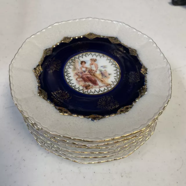 Antique Germany Porcelain Signed Cobalt Blue Gold Romantic 6 Small Plates Saucer