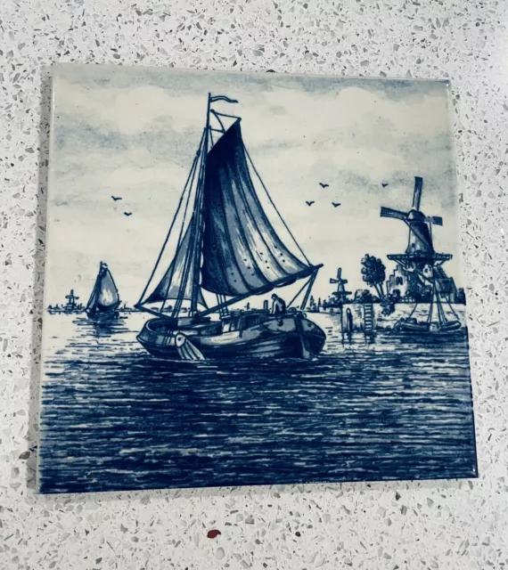 Vintage Delft Blauw Holland Windmill Trivet Tile Hand Painted Blue Boat 6"