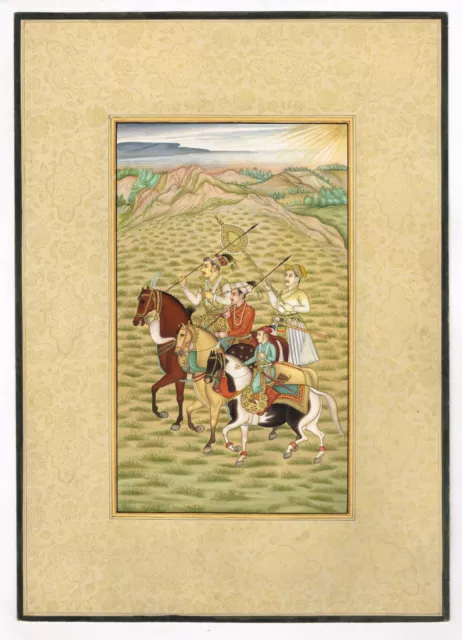 Mogol Pintura Miniatura Emperador Shuja ,Aurangzeb Y Murad Bakhsh Sobre Caballo