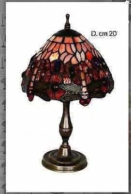 Lampada da tavolo abat-jour con base in ottone e vetro tiffany rosso libellule