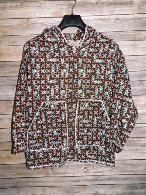 Alaska Native Eskimo Kuspuk XL Brown Blue Print Tunic Shirt Half Zip Pocket Hood