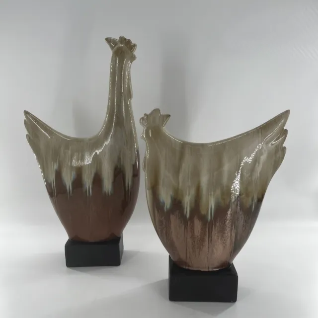 Large Rooster & Hen Figurine Pair MCM Style Drip Glaze Ceramic Decorative Brown