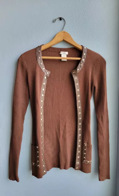 Cache brown ribbed cardigan with faux leather studded trim