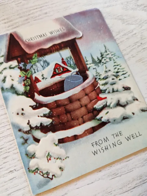 Vintage 1940's Wishing Well Snow Tree Christmas Canadian Greeting Card (EB3646)