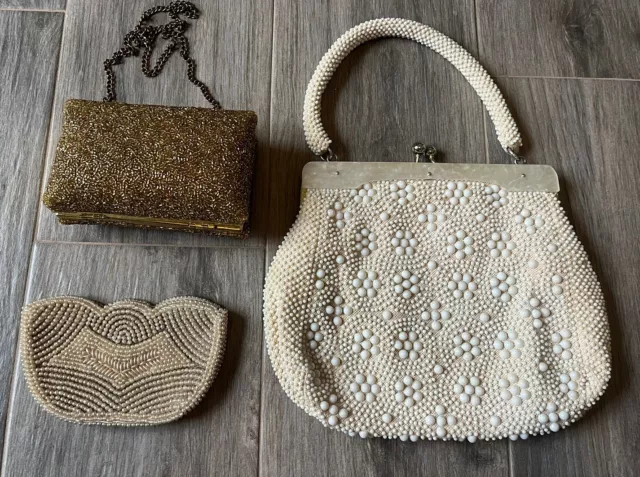 Lot 3 Vintage Purse Beaded Evening  Hand Bag Clutch White / Ivory Gold