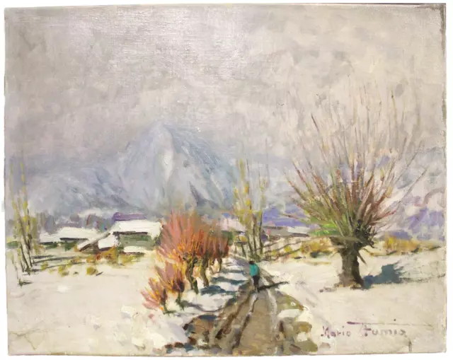 Mario FUMIA (1931-2013) Paesaggio innevato con figura, paesaggio a olio su tela