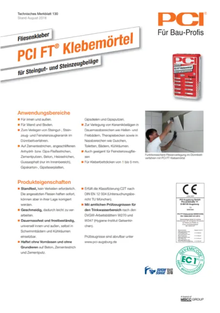 PCI FT Klebemörtel 42 x 25 kg Fliesenkleber Wand Boden Innen Außen Estrich Putz 2
