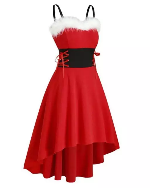 Red Santa Halloween Women Vintage Swing Flare Fur Dress 50s Midi Xmas Rockabilly 2