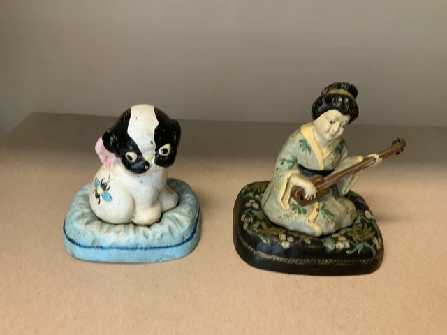 Vintage Hubley Puppy With Bee On Pillow And Oriental Girl Cast Iron Still Banks