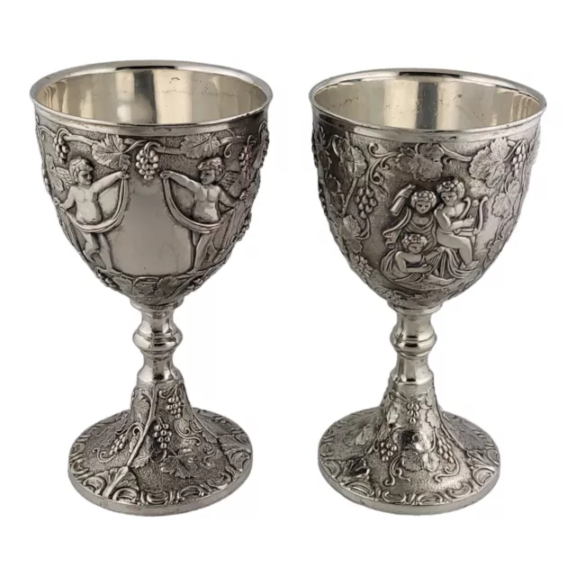 pr Heavy Vintage Silverplate Wine Cups Goblets w/ Bacchus Grape Leaf Vine scene