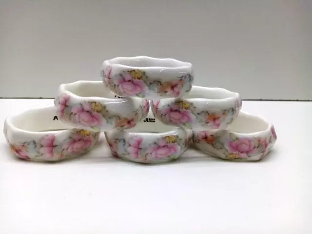 Vintage AJL Bone China Floral Napkin Rings  6 Serviette Holders Octagonal 5cm