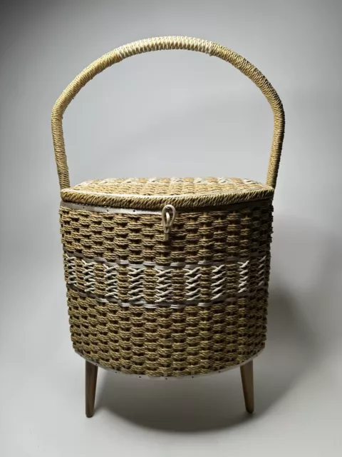 Dritz Vintage Sewing Basket Box Wicker Satin Wooden Legs Floral Lining Japan