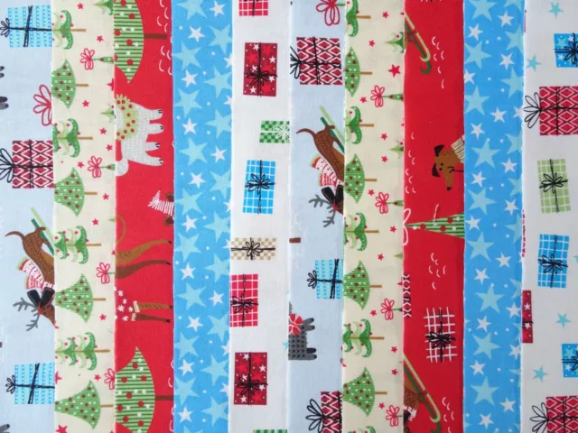 10 Jelly Roll Strips Cotton Patchwork Fabric 22 Inch Long - Doggie Christmas