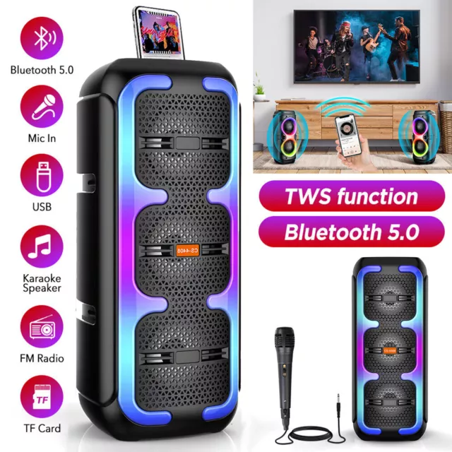 Wireless Bluetooth Karaoke Speakers Party Subwoofer Stereo Sound RGB Light Mic