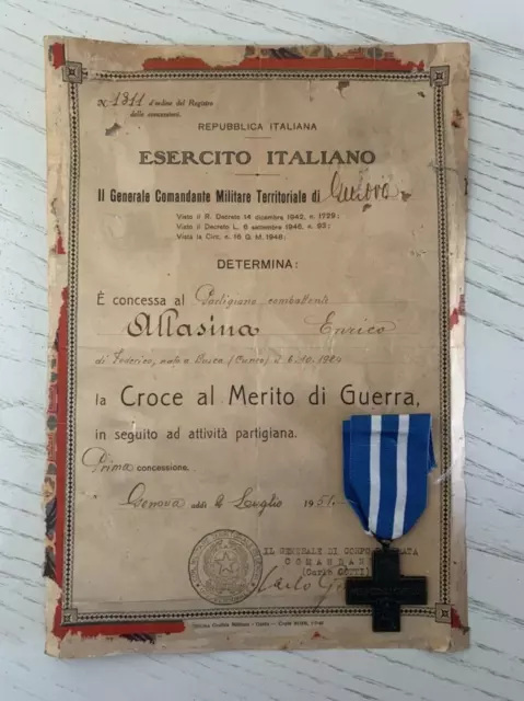 Att.  Croce Al Merito Di Guerra Per Attivita Partigiana Con Medaglia 1951