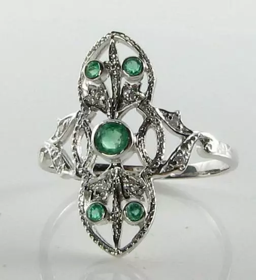 Long 9Ct 9K White Gold Colombian Emerald & Diamond Art Deco Ins Filigree Ring