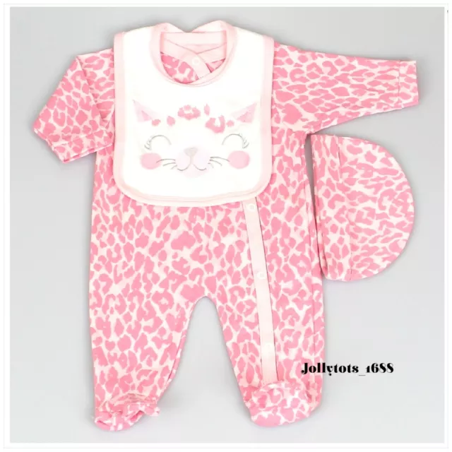 Baby Girls Pink Sleepsuit Bib & Hat 3 Piece Leopard Layette Starter Gift Set NEW