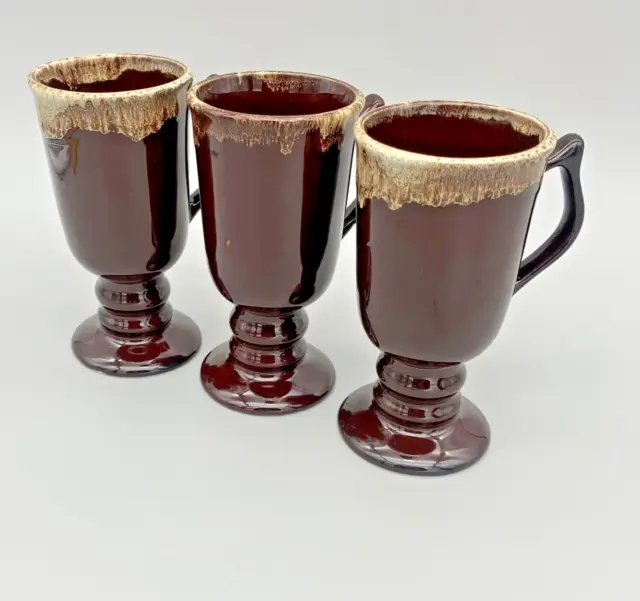 3 VTG Hall Pottery Pedestal Irish Coffee Mugs Brown Drip Glazed 1273 USA Retro