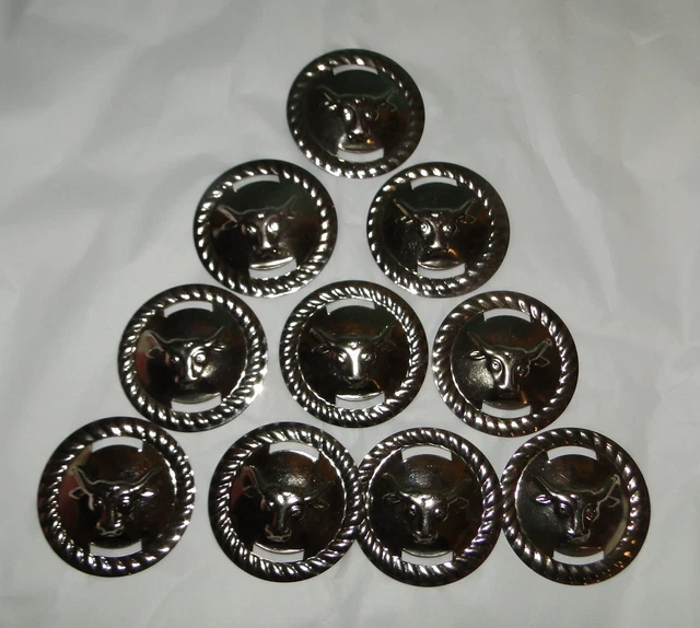 10 conchos de buey occidental de metal vintage en tono plateado de 2" de diámetro