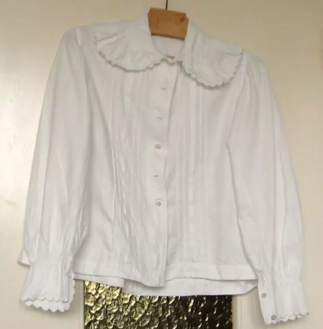 Blouse White Bib Front Pleated Long Sleeve Cotton Hand Made N° 103