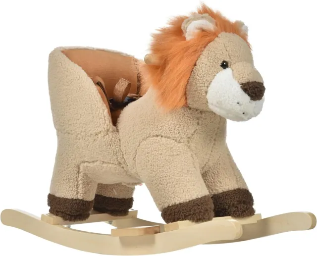 Lion Rocking Toy Plush Ride On Horse Seat with Animal Sound Rocker Wooden Base