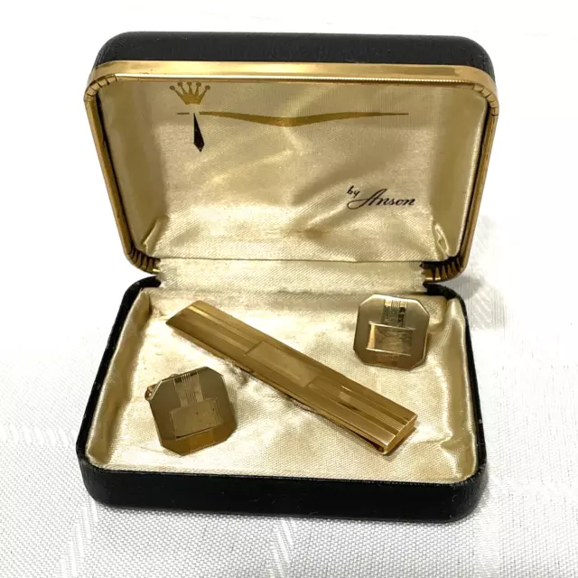 Vintage Anson Gold Tone Cuff Links & Tie Bar Set in Case Engraveable Space