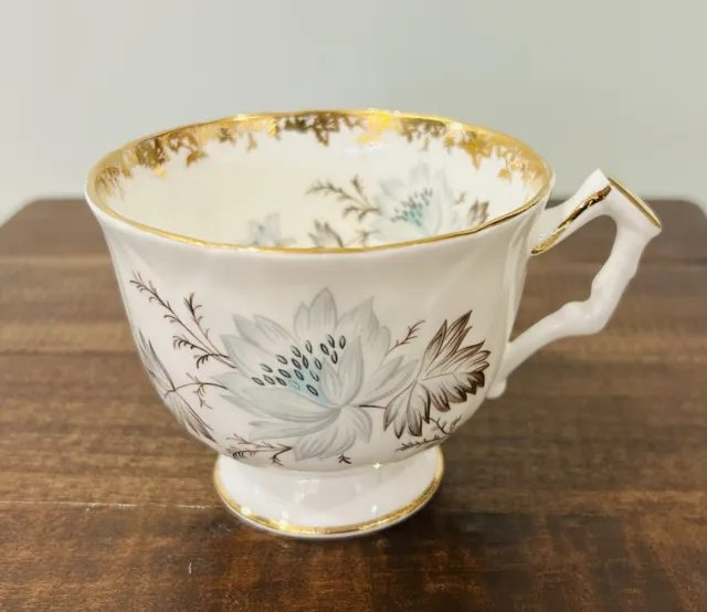 Aynsley ORPHANED 'Caroline' Blue/Grey Floral, Brushed Gold Trim Teacup