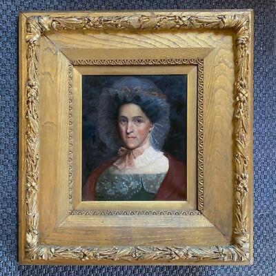 Antique Early 19th Century Woman Portrait Oil Painting w Wide Grain Oak Frame