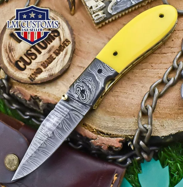 Handmade Damascus Pocket Folding Knife Corain Liner Lock Hunter Closeout