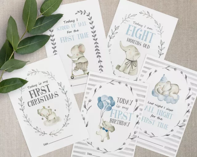 Elephant Milestone Cards • Blue Elephant Memory Cards •  Baby Gift • 1st Year