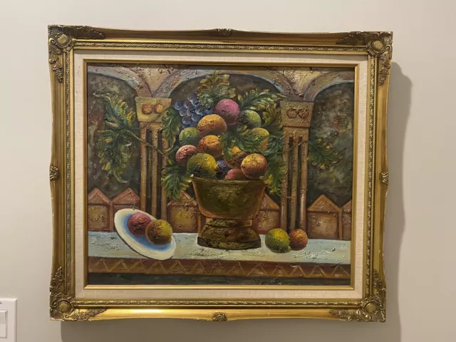 Large Vtg 1960s Still Life Oil Painting Signed And Framed MCM IMPASTO  29”x 25”