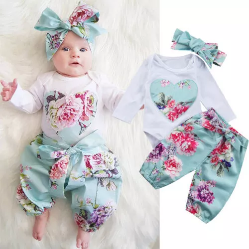 Newborn Infant Baby Girl Romper Jumpsuit Tops Pants Headband Outfits Clothes Set