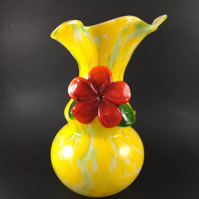 Vintage Yellow Green Hand Blown Art Glass Vase With Red Plumeria Flower