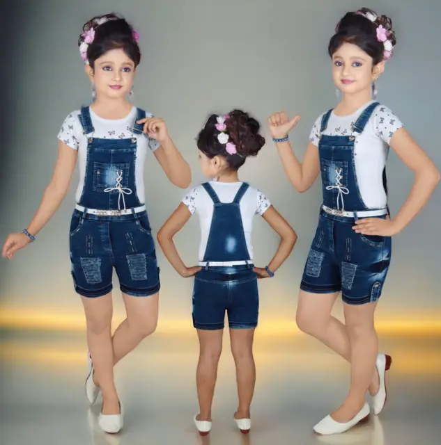 Kids Girls Casual Wear Cotton T-Shirt And Denim Shorts Dungaree Set