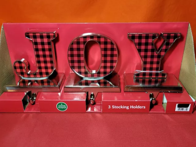 JOY Christmas Stocking Holder Set of 3 with Chromed Base Plaid Letters Heavy Pc