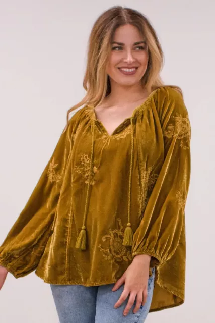 NWT$160 Kyla Seo Rhea Blouse Biscotti Yellow Velour Embroidered Henley S Small