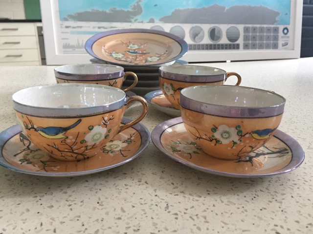 VINTAGE LUSTREWARE HAND Painted Japanese Tea Cup/saucer/plates Set