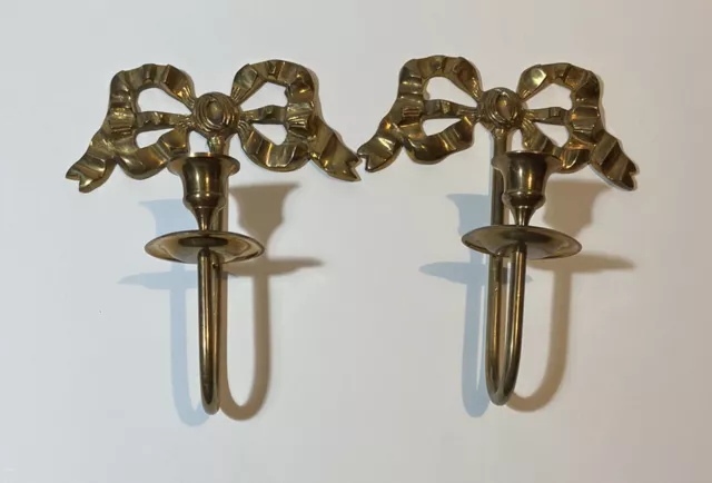 VINTAGE BRASS BOW Wall Sconces Gold Bow Candle Holders 8.5 Lot of