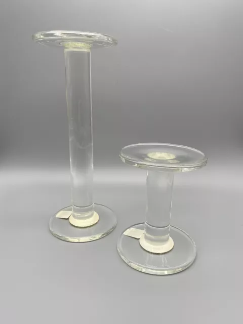 MCM Pottery Barn Heavy Glass Pillar Candle Holders Set Of 2 - 12” And 6”