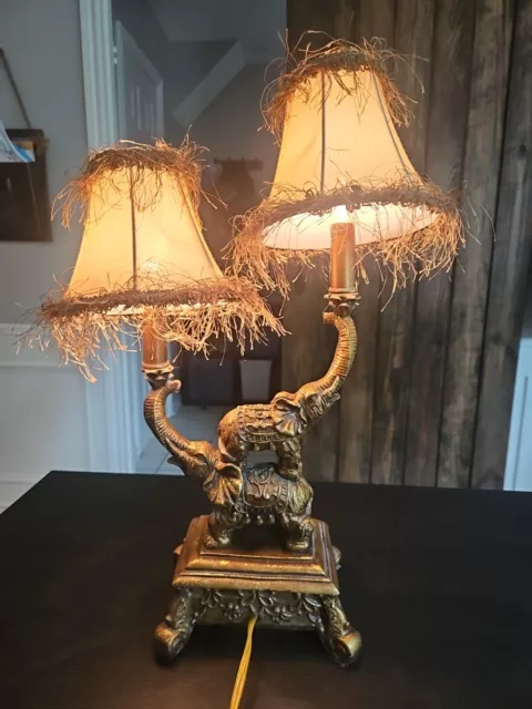 Elephant Lamp Bronze Brass Resin Table Lamp With Fringe Shade V Trunk Up Luck